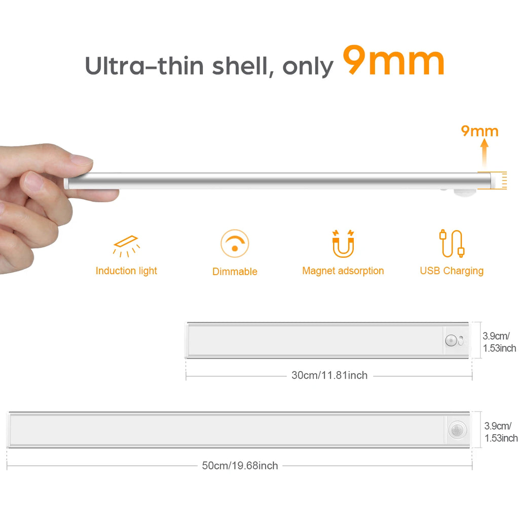 High Capacity Battery USB Rechargeable LED Light Bar Aluminium Motion Sensor Magnetic Strip For Stairs Closet Cabinet Night Lamp