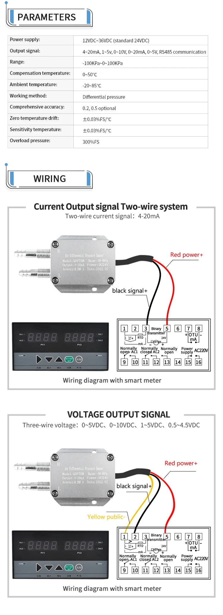 Air Gas Wind Pressure Differential Sensor Transmitter 4-20mA 0-10V 1-5V 0-5V RS485  -10Kpa -0-10Kpa Differential Pressure Meter