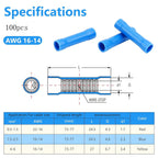 100pcs Blue Butt Connectors, Butt Splice Crimp Connectors, (16-14) AWG Insulated Electrical Wire Crimp Connectors, Butt Splice