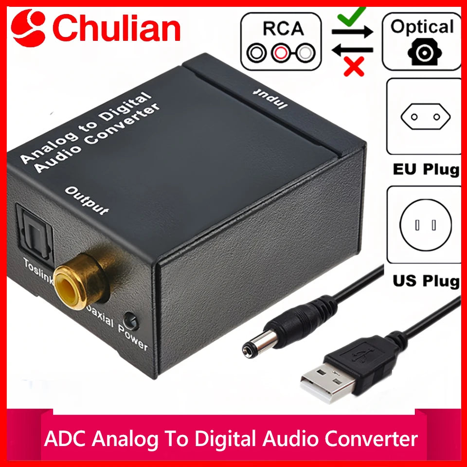 ADC Analog To Digital Audio Converter RCA to Optical Toslink Audio Adapter Analog Digital Fiber Toslink Coaxial Audio Converter