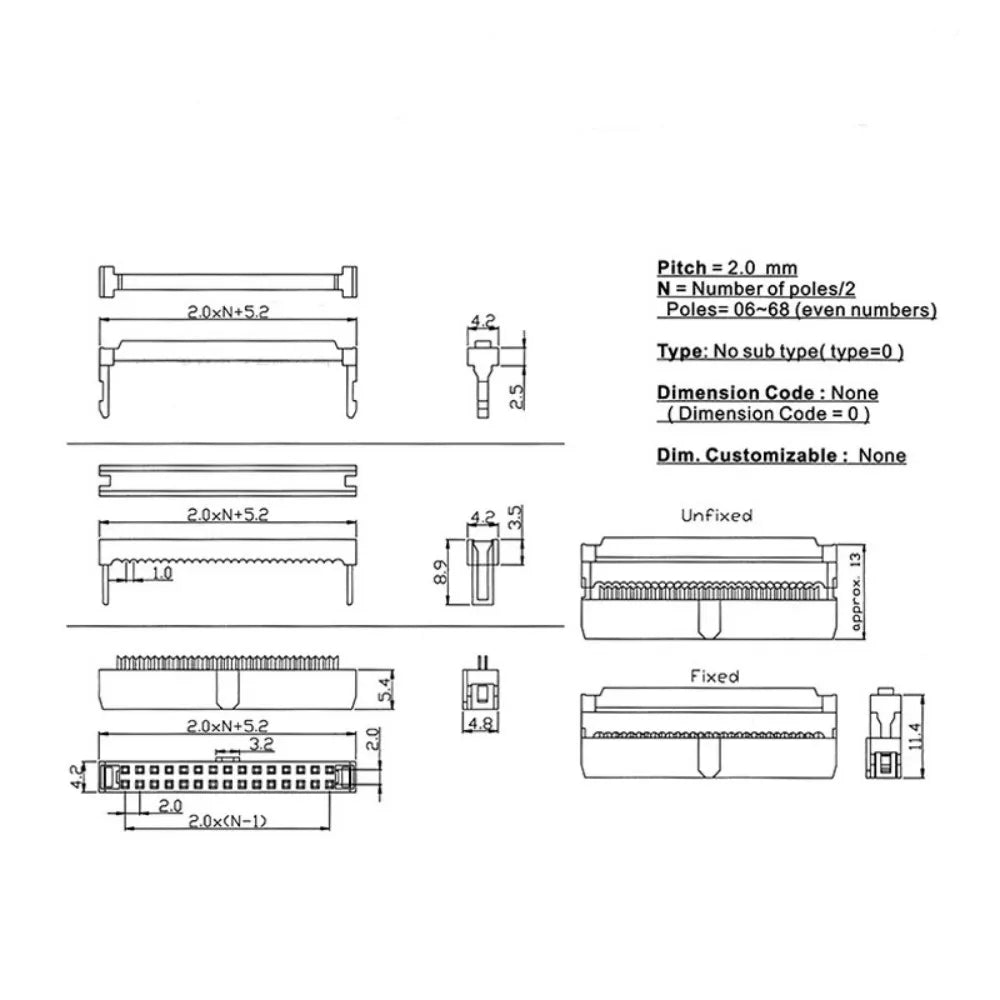 5Pcs 2.0MM Pitch FC 6/8/10/12/14/16/20/24/26/30/34/40 Pin Female IDC Socket Crimping Connector Ribbon Cable Socket