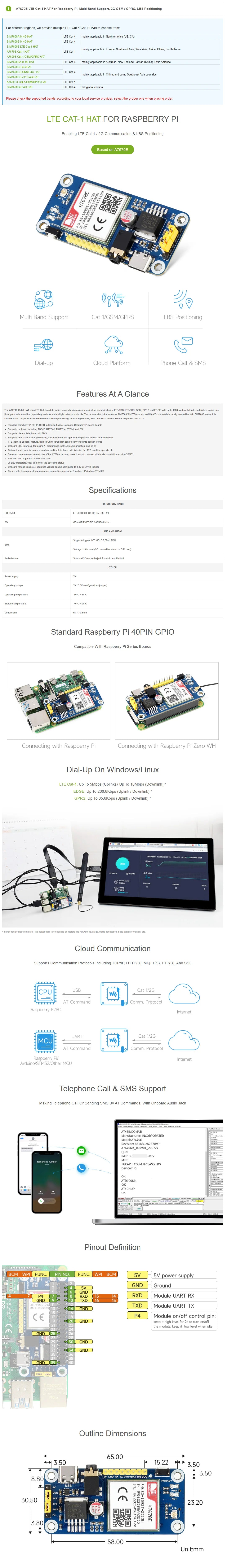 Waveshare A7670E LTE Cat-1 HAT for Raspberry Pi,Multi Band,2G GSM / GPRS,LBS,for Europe,Southeast Asia,West Asia,Africa,China