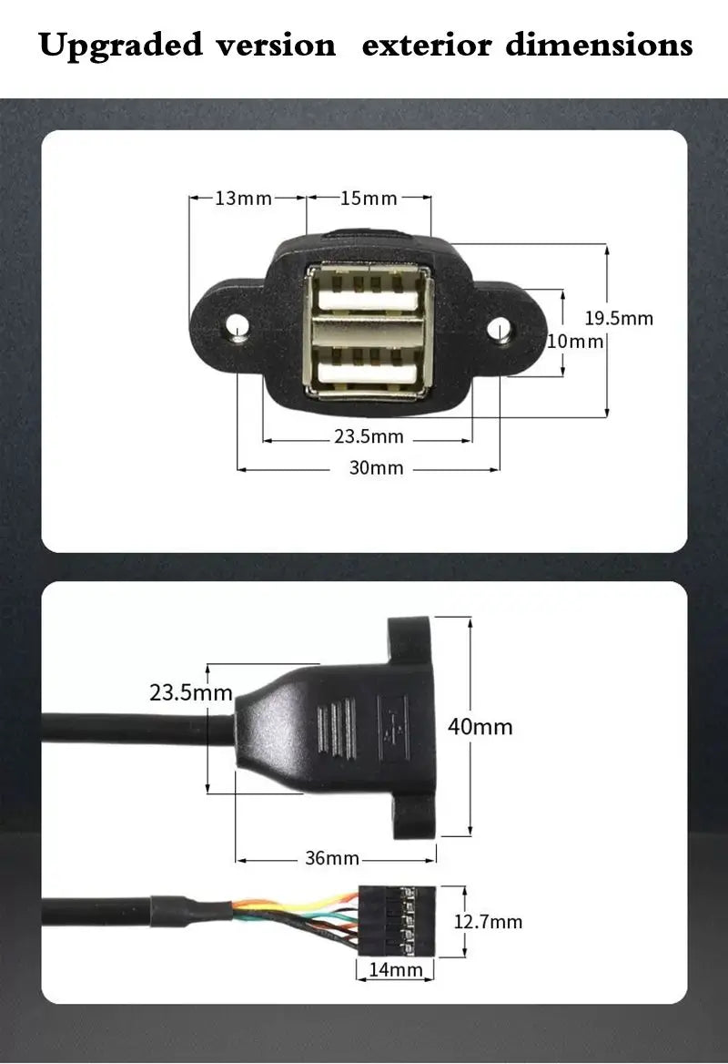 Motherboard 9-Pin to Dual Port USB 2.0 A Female With Ear Screw Hole Panel Data Extension Cable DuPont 2.0/2.54mm 9Pin Terminal