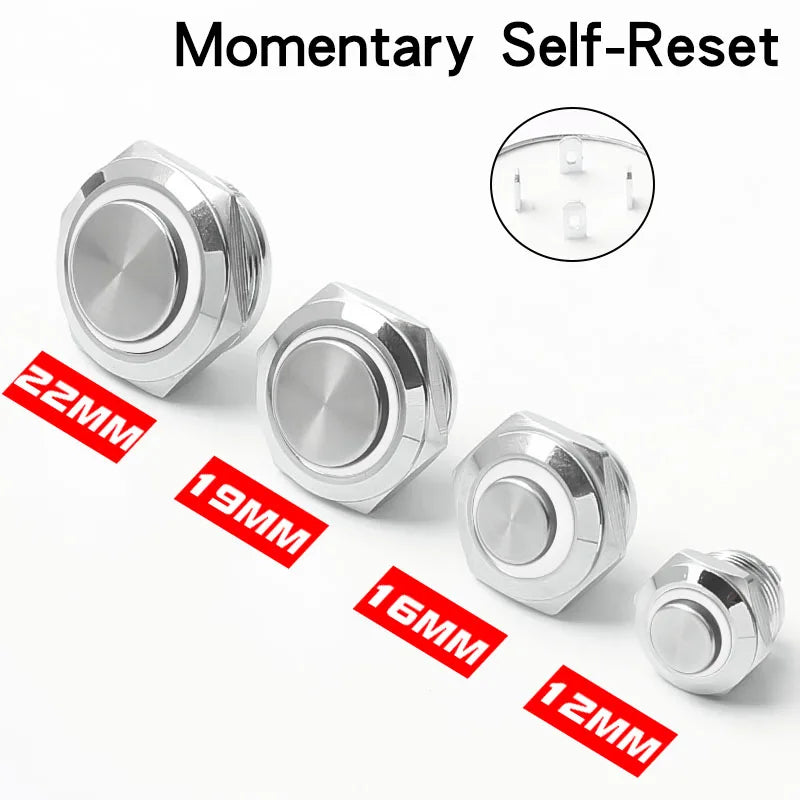 12/16/19/22mm Metal Push Button Switch Short Stroke Silver Shell Waterproof High Head With Power LED Light Momentary 1NO 6V 24V