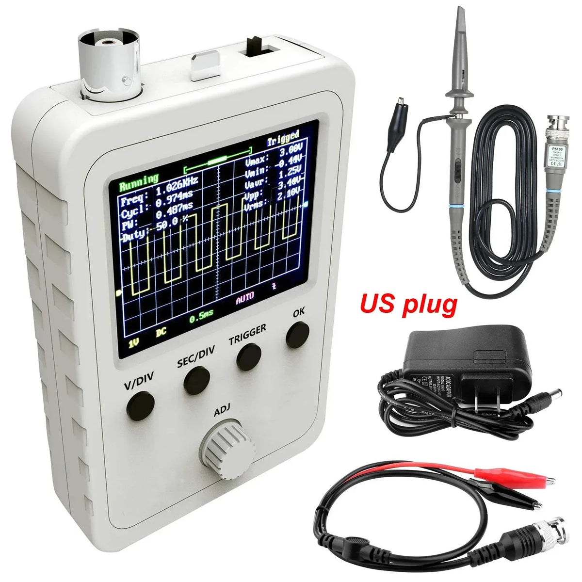 FNIRSI 2.4” TFT Handheld Digital Oscilloscope 0-200KHz Bandwidth 1M Sampling Rate with BNC-Clip Cable Probe and Power Supply