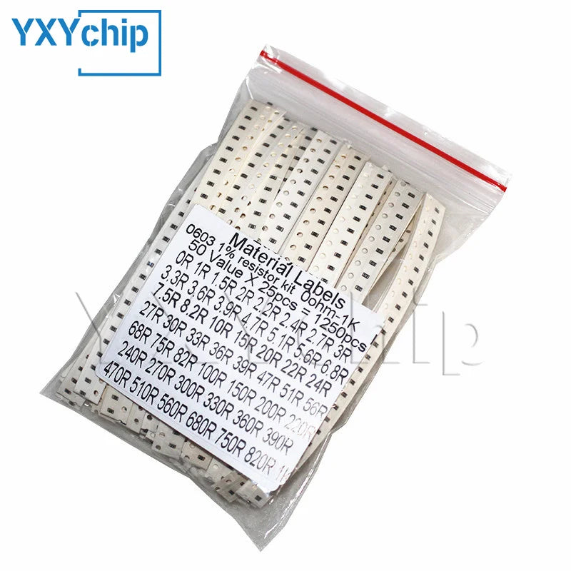 Resistor kit 0201 0402 0603 0805 1206 smd Resistor package 50values*25PCS=1250PCS 1% Sample Kit Resisor 1ohm 47ohm 1kohm 10kohm