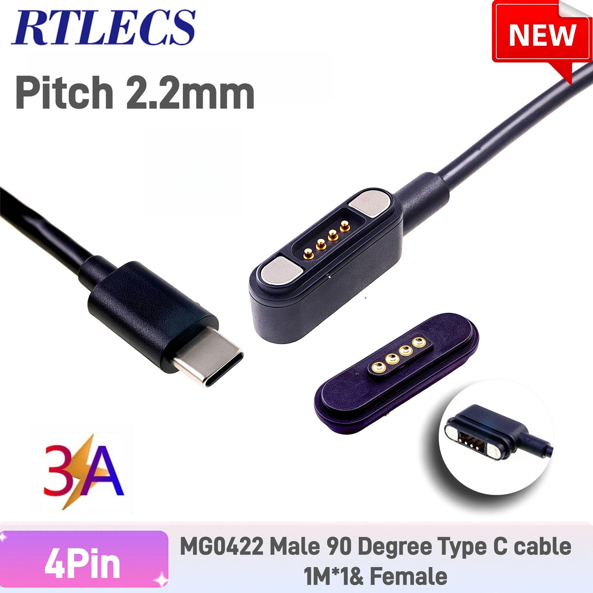 Waterproof Magnetic Pogo Pin 4 Position Cable Connector High Current 3A USB Type-C 2.2 MM THT Spring Loaded Strong Force 500G