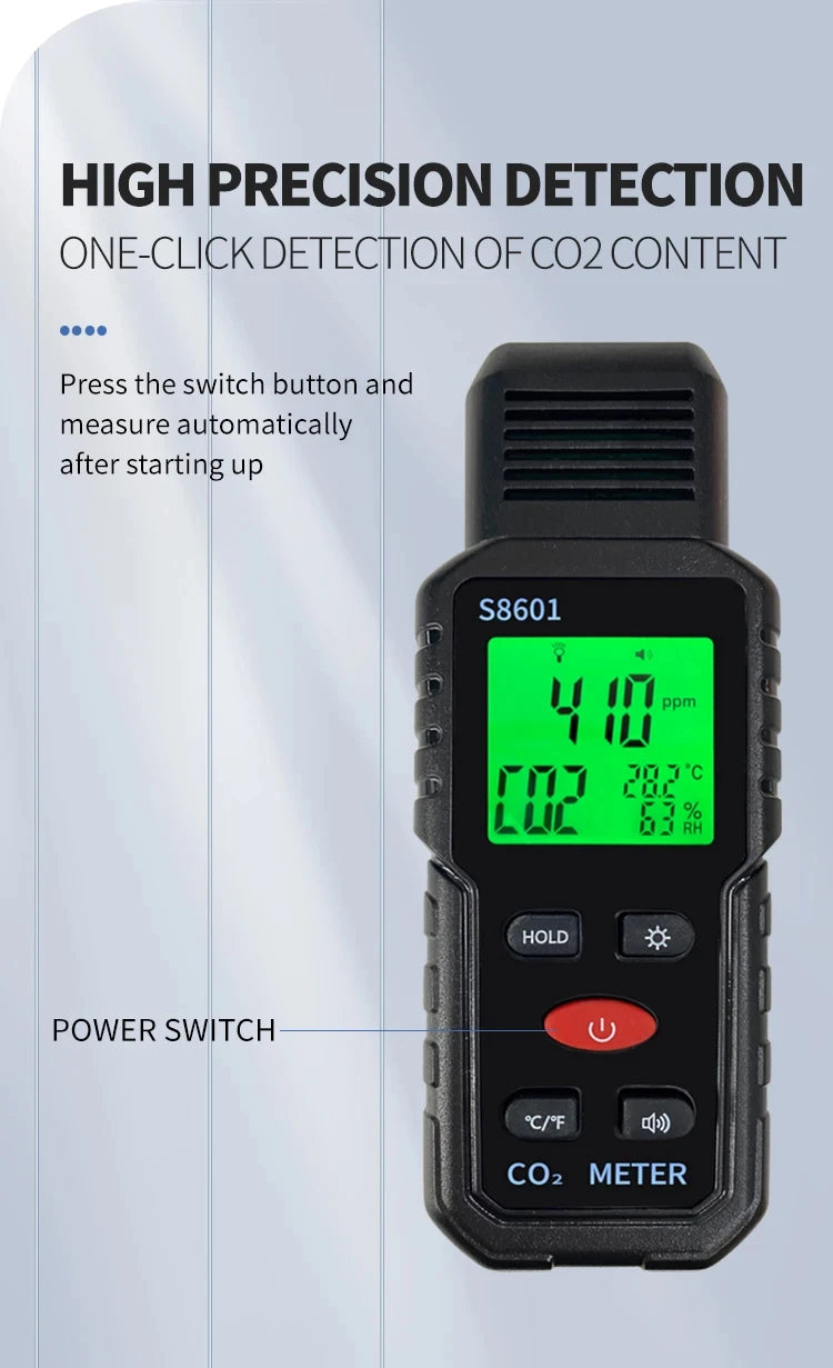 Indoor CO2 Meter Carbon Dioxide Sensor & Alarm NDIR Air Quality Monitor with Temp Humidity LCD Portable High Precision Detector