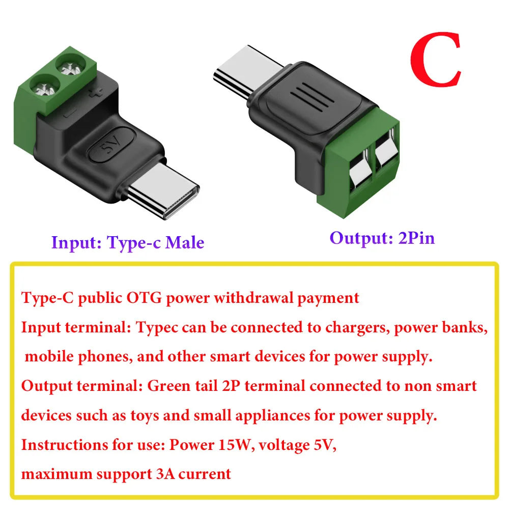 1Pcs 2Pin Type-C Adapter Quick Connection Head Type C Male Female Micro USB 5V To 2 Pin No Solder Green Terminal Adapter