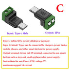 1Pcs 2Pin Type-C Adapter Quick Connection Head Type C Male Female Micro USB 5V To 2 Pin No Solder Green Terminal Adapter
