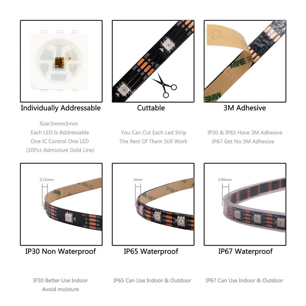 DC12V WS2815 5050 Smart RGB Pixels LED Strip DC5V WS2812B Individually Addressable IC 30/60/74/96/144/Leds/M WS2812 Tape Light