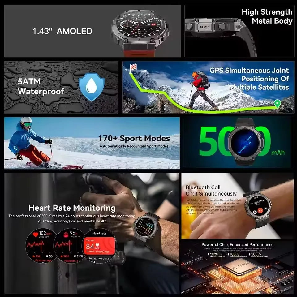 2025 New Military Bluetooth Call Smart Watch Built-in GPS Compass Barometric Altimeter 10ATM Waterproof Sports Smartwatches Men