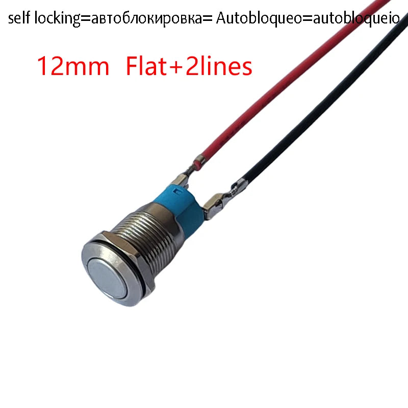 1PC 12mm 2Pin Metal Button Switch Fixed Latching No Light Waterproof Metal Push Button Self-locking Car Dashboard High Flat Head