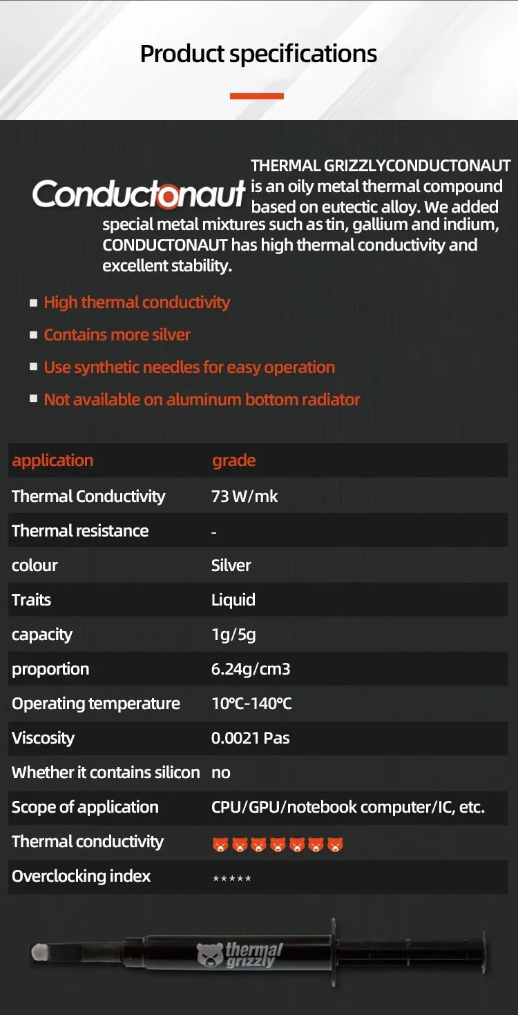 Thermal Grizzly Thermal Paste 12.5W/mk High Performance Cooler Compound Cooling Silicone Grease For Game PC PS5 CPU GPU Cooling