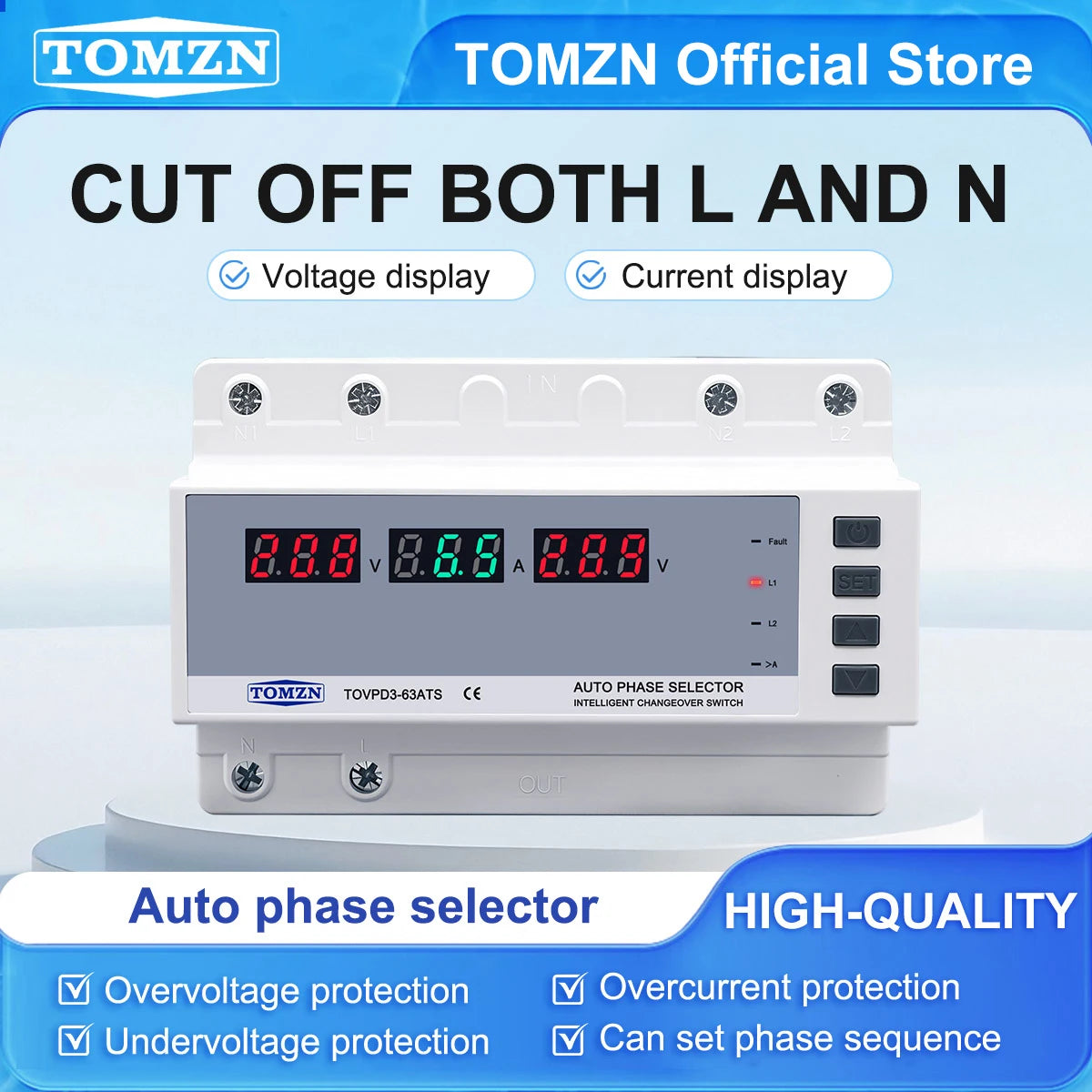 TOMZN 63A Intelligent Relay Type Dual Power Automatic Transfer Switch Over/Under Voltage & Overload Protection LCD Display