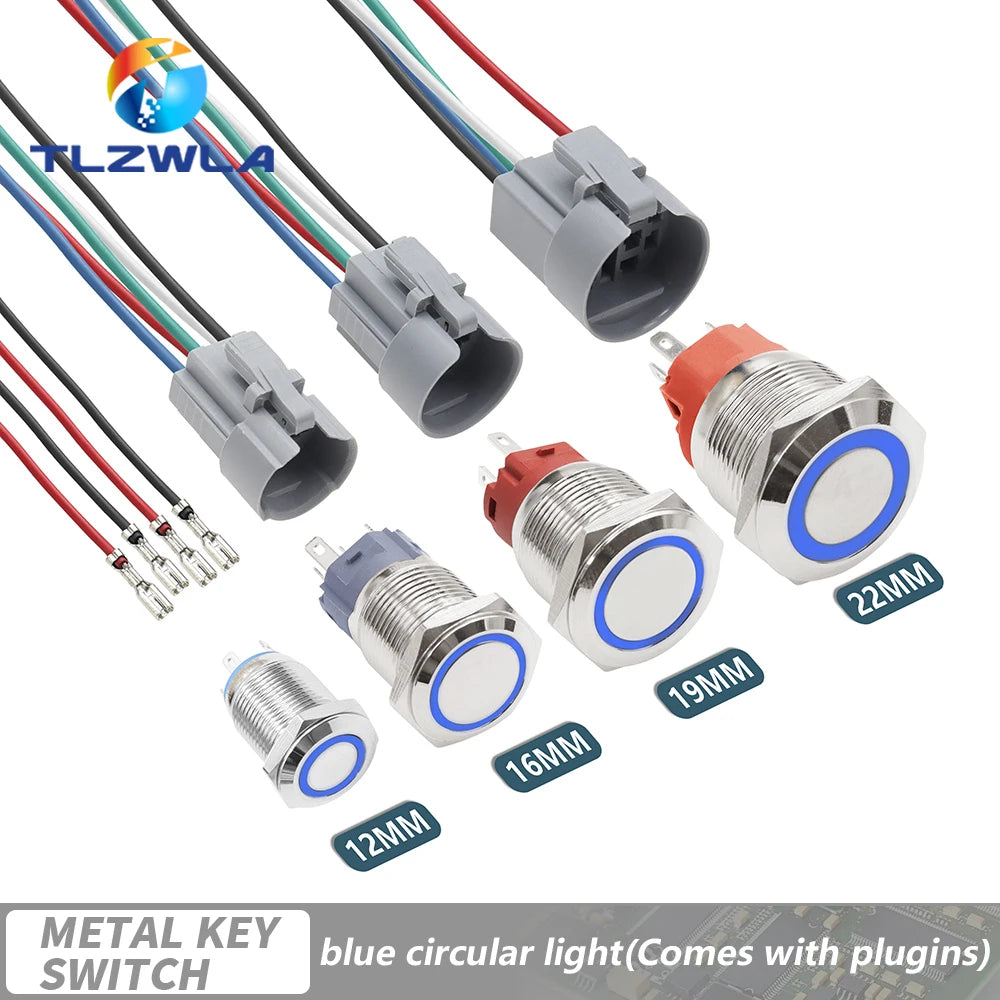 12/16/19/22mm Waterproof Metal Push Button Switch LED Light Momentary Latching Car Engine Power Switch 12V 24V Red Blue