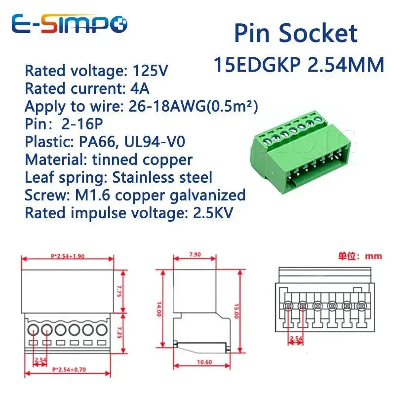 2.54mm 2EDGRK 15EDGKP 2P/3P/4P/5P/6P/8P/12P-16PIN Female Male Solderless Docking Type PCB Plug Wire Terminal Block Connector