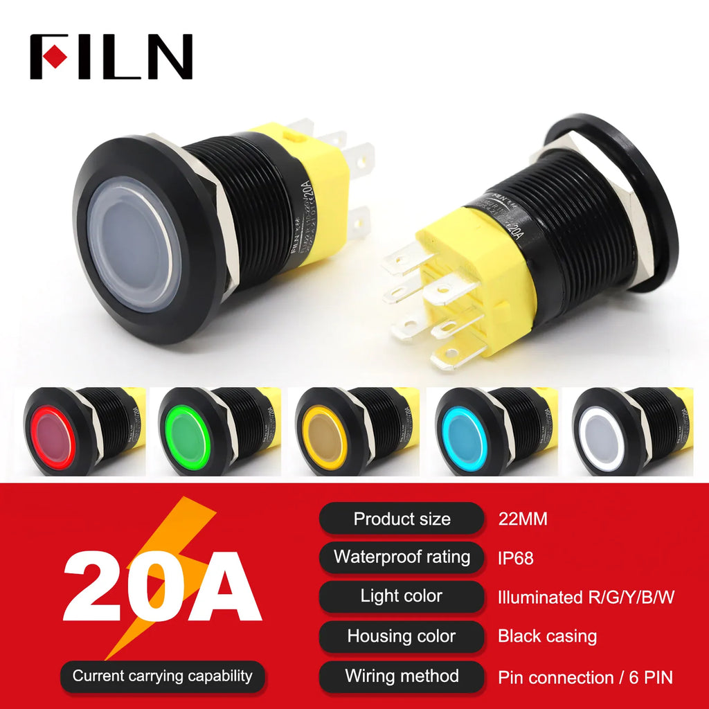 High Current 19mm 22mm 20A 12V 24V 110V 220V IP68 Waterproof Flat Ring Round Push Button Switch Metal Stainless Steel 20cm Wire