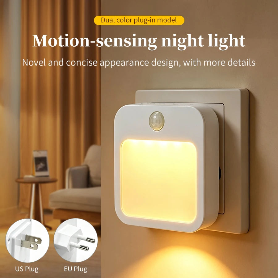 LED Motion Sensor Plug-In Night Light Warm/Cool White Dimmable 5 Brightness Levels for Hallway Stairway Bedroom 100-240V