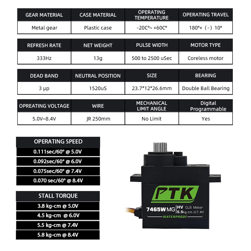 PTK 7465W MG Waterproof servo Metal gear 9g micro servo 5mm 180° robotic model aircraft fixed wing digital servo