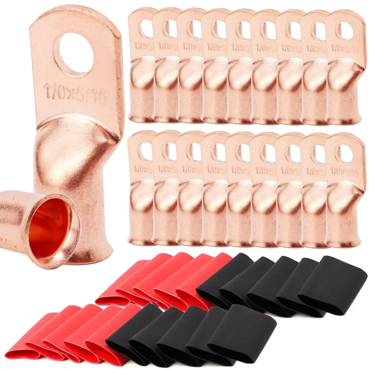 10pcs Copper Terminal Connectors, AWG 2 4 6 8 1/0 2/0 Ring Lug With Shrink Tubing 10Battery Cable Lugs, With 10 Shrink Tubing