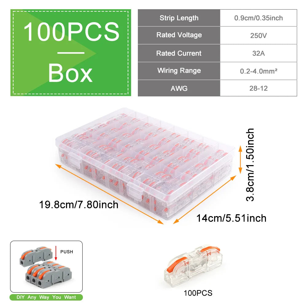 100Pcs 221 Series Boxed Lever Wire Connectors Quick Splicing Terminal Block 0.2-4mm² 32A 250V Electrical Cable Connector Set