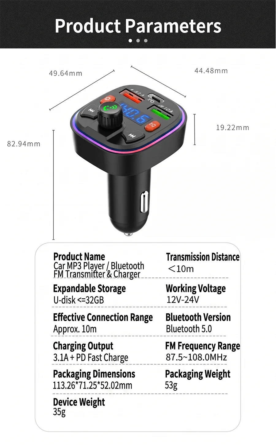 Wireless Car Bluetooth 5.0 FM Transmitter Radio Adapter RGB Light PD Fast Charger 3 Ports Hands-Free Call Bass Boost MP3