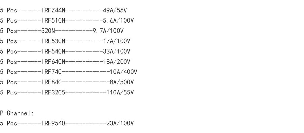 50PCS TO-220 MOSFET Kit 10 Values IRFZ44N IRF540N IRF3205 IRF640N Power Transistor Assortment