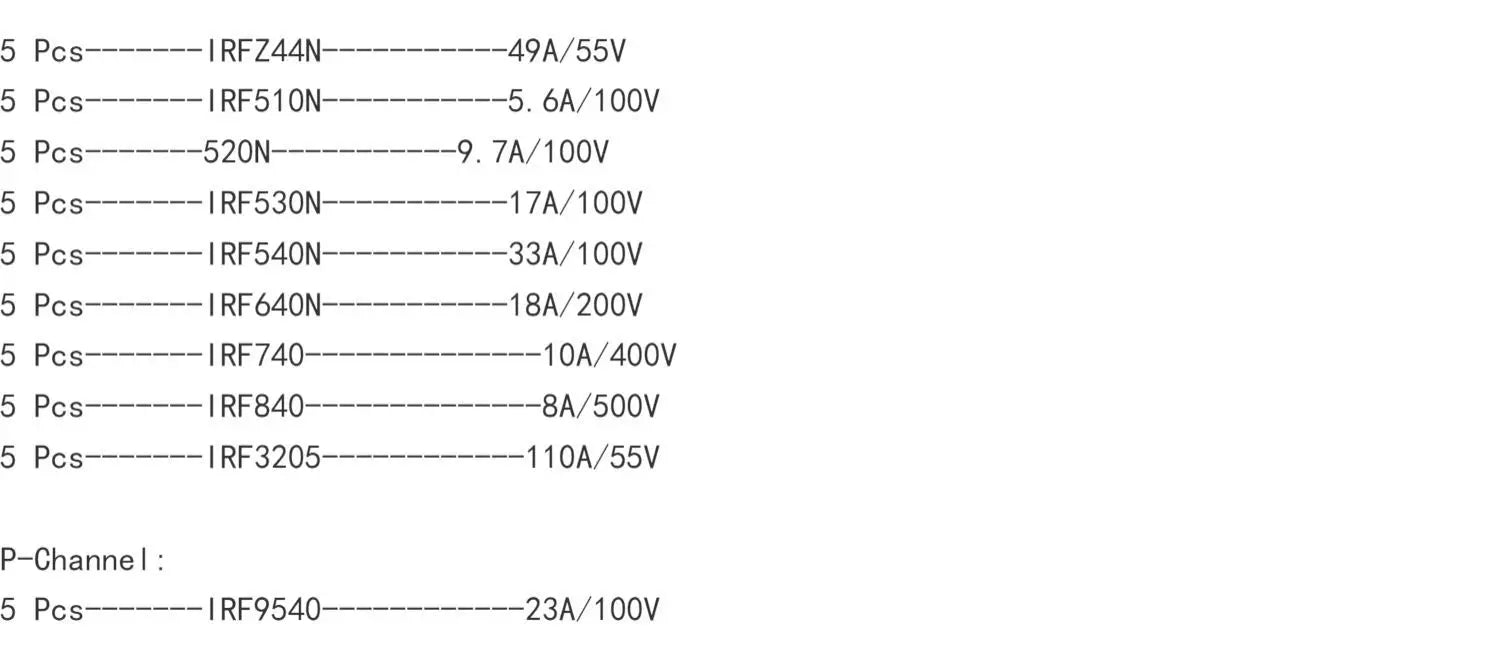 50PCS TO-220 MOSFET Kit 10 Values IRFZ44N IRF540N IRF3205 IRF640N Power Transistor Assortment