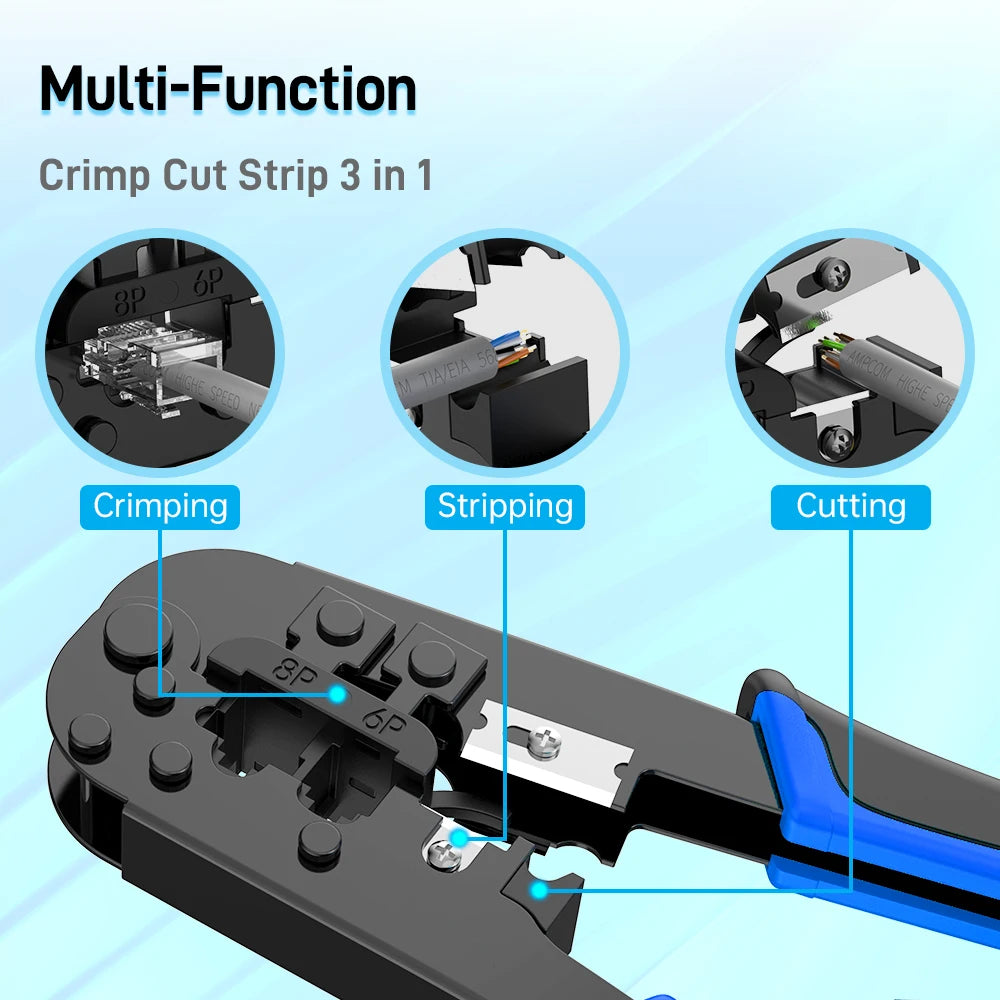 Denswire RJ45 Crimp Tool for Cat5 Cat5e Cat6, RJ-11, 6P/RJ-12, 8P/RJ-45 Crimp, Cut and Strip Ethernet Crimper Networking Tools