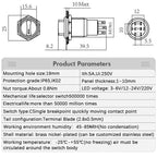 19mm Black Self-return Momentary Self-locking Fixation Waterproof DPDT Illuminated Metal Selector Rotary Switch 2/3 Position LED