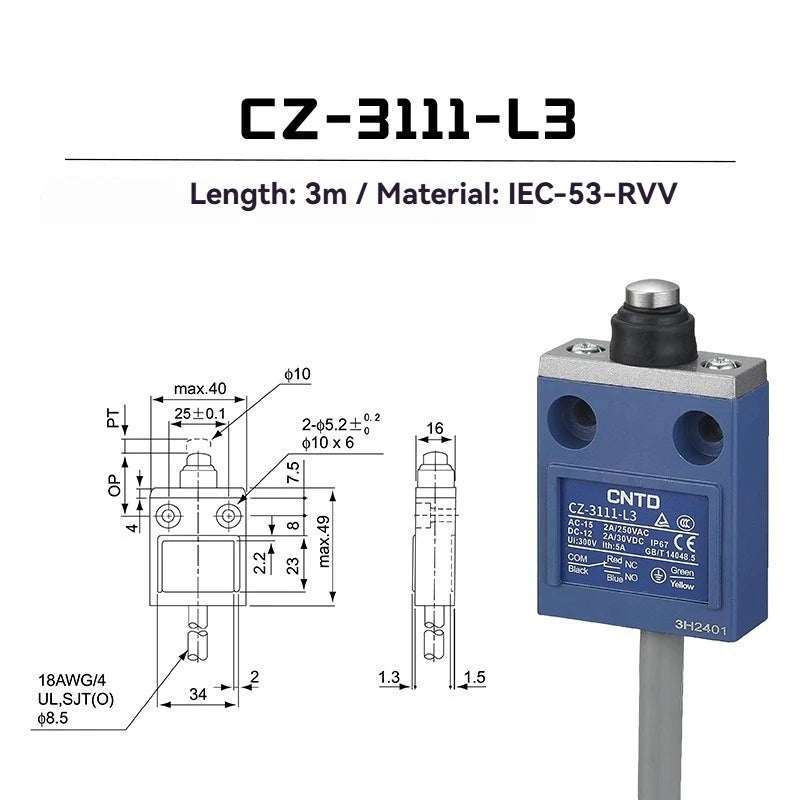 CNTD Micro Travel Limit Switch CZ‑3 Series CZ‑3101 CZ‑3104 CZ‑3108 CZ‑3112 IP67 Waterproof 5A 250V Position Control Switch