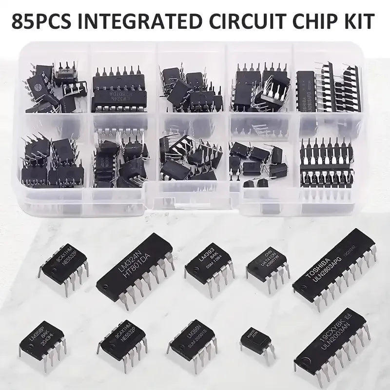 85PCS 10 Types NE555 LM324 LM393 UA741 ULN2803 LM358 LM386 NE5532 ULN2003 PC817 Integrated Circuit DIP IC Combination Chip Kit