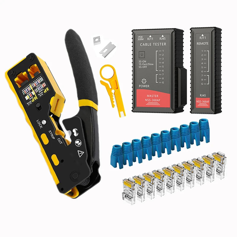 RJ45 Crimp Tool Kit Pass Through Cat6 Crimping Tool For Cat5 Cat5e Cat6 8P8C Connector, All-in-one Ethernet Crimper