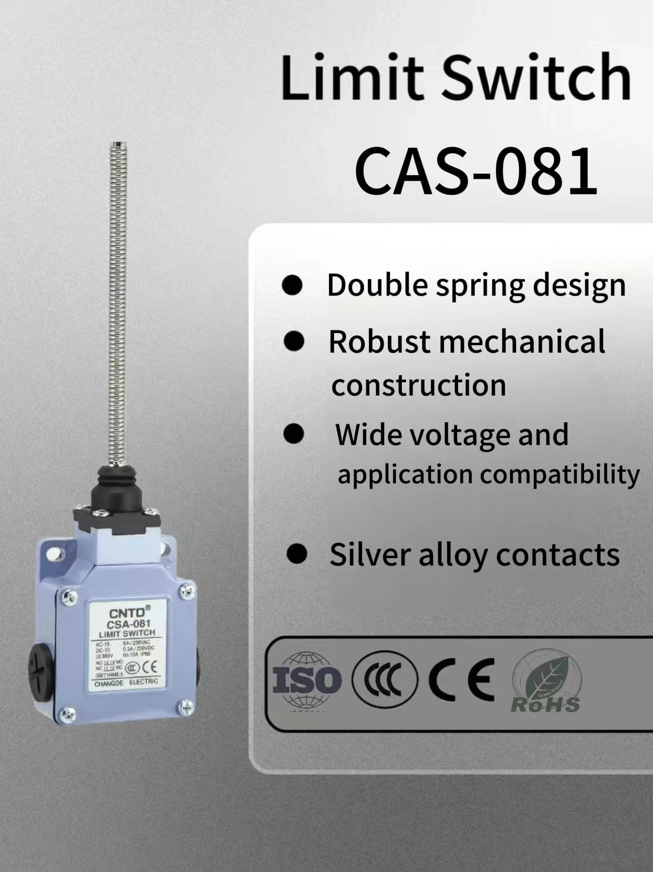 CNTD CSA-081 Limit Switch Micro Switch Long Metal Lever Arm Snap Action SPDT 1NO 1NC 10A 250V Waterproof Oil Proof