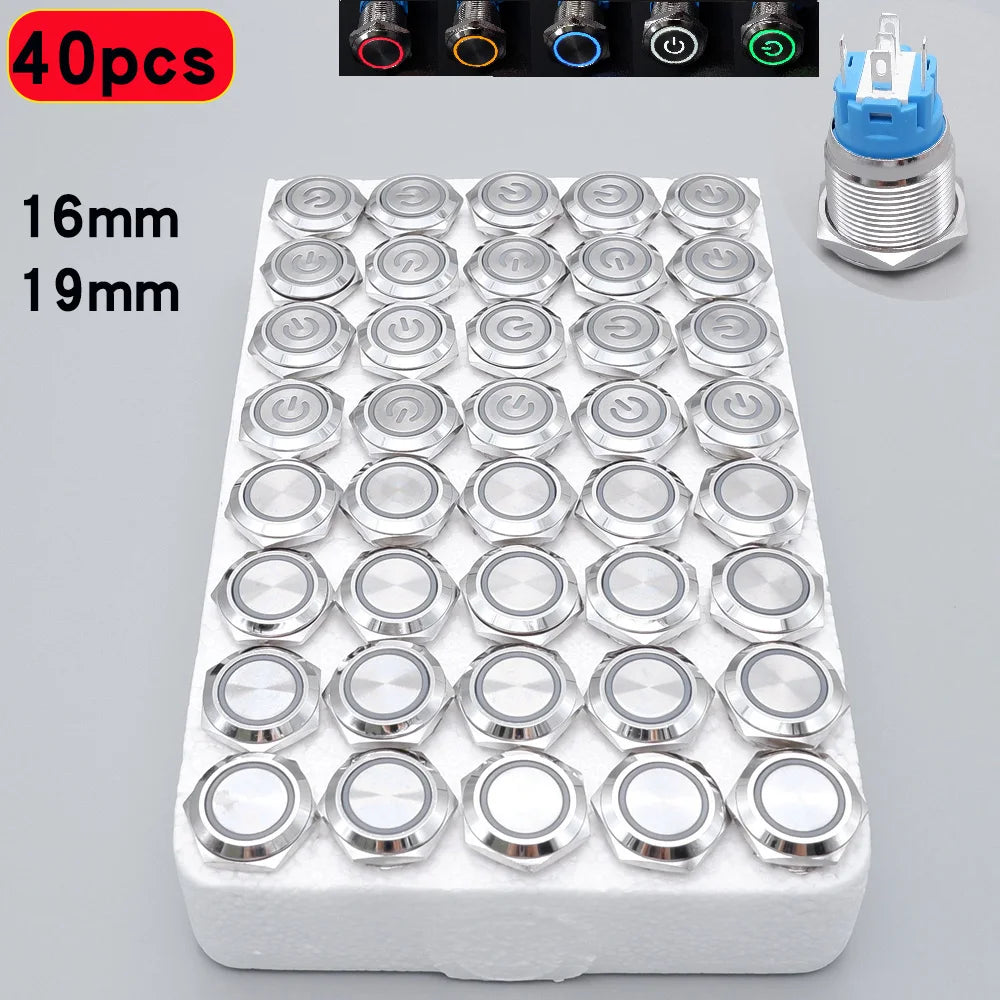 40pcs 16mm 19mm Metal Button Switch PC Power LED Light Waterproof Car Start On Off Momentary Latching 3V 5V 6V 12V 24V 220V Red