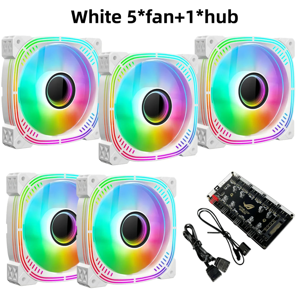 This ARGB Cooling Fan Kit Includes Five 120mm Cooling Fans and a PWM ARGB 2-in-1 Hub, Suitable for Computer Cases (Forward Fan)