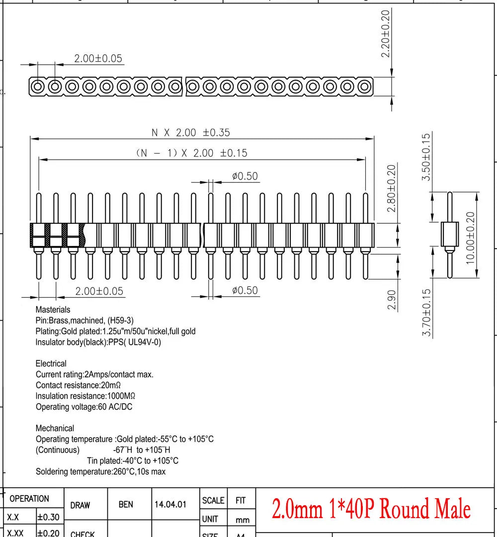 10CS Pitch 2.0mm 1x40 2x40 Pin Single Double Row Right Angle Straight SMT SMD Round Male Header Connector