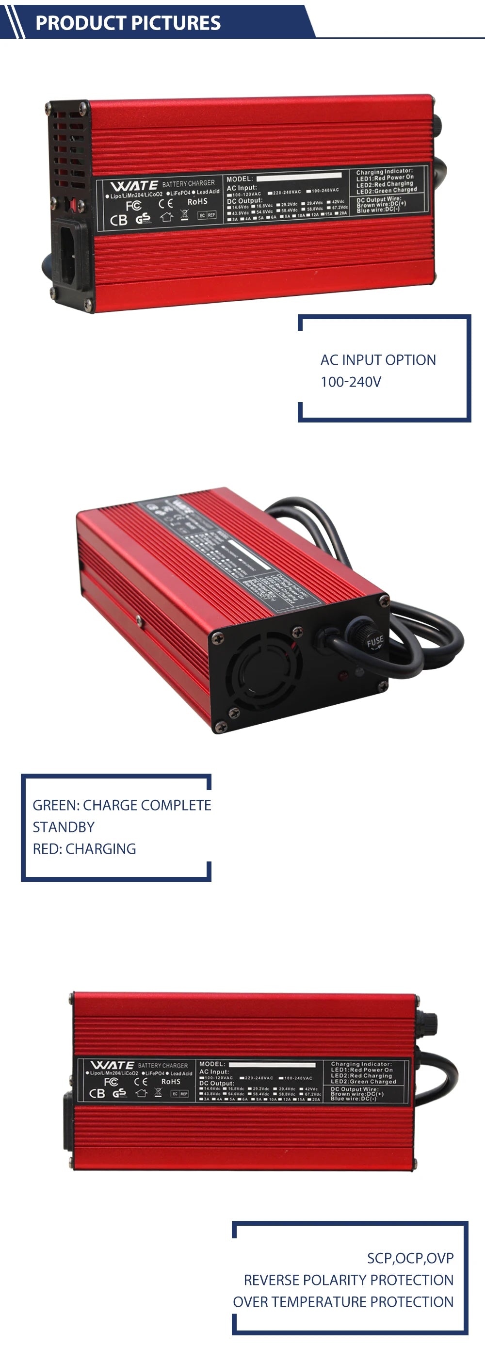 54.6V 4A Smart Lithium Battery Charger For 48V Lipo Li-ion With Fan Aluminum Case