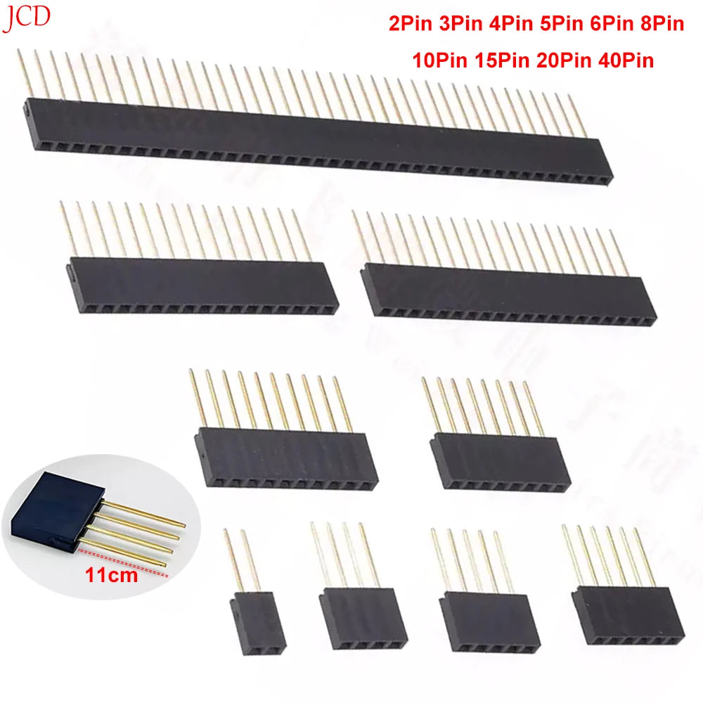 JCD 10PCS 2.54mm Single Row Female Socket 1X2/3/4/5/6/8/10/15/20/40Long pins Long 11mm PCB Board Pin Header For Arduino