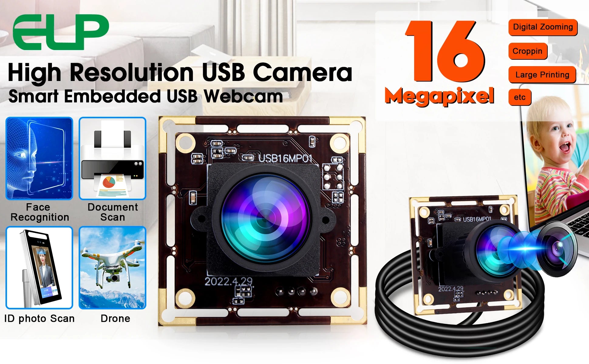 ELP 16MP USB Camera Module Wide Angle PC Webcam with Micro Distortion Lens IMX298 Industrial Lightburn Camera for Raspberry Pi