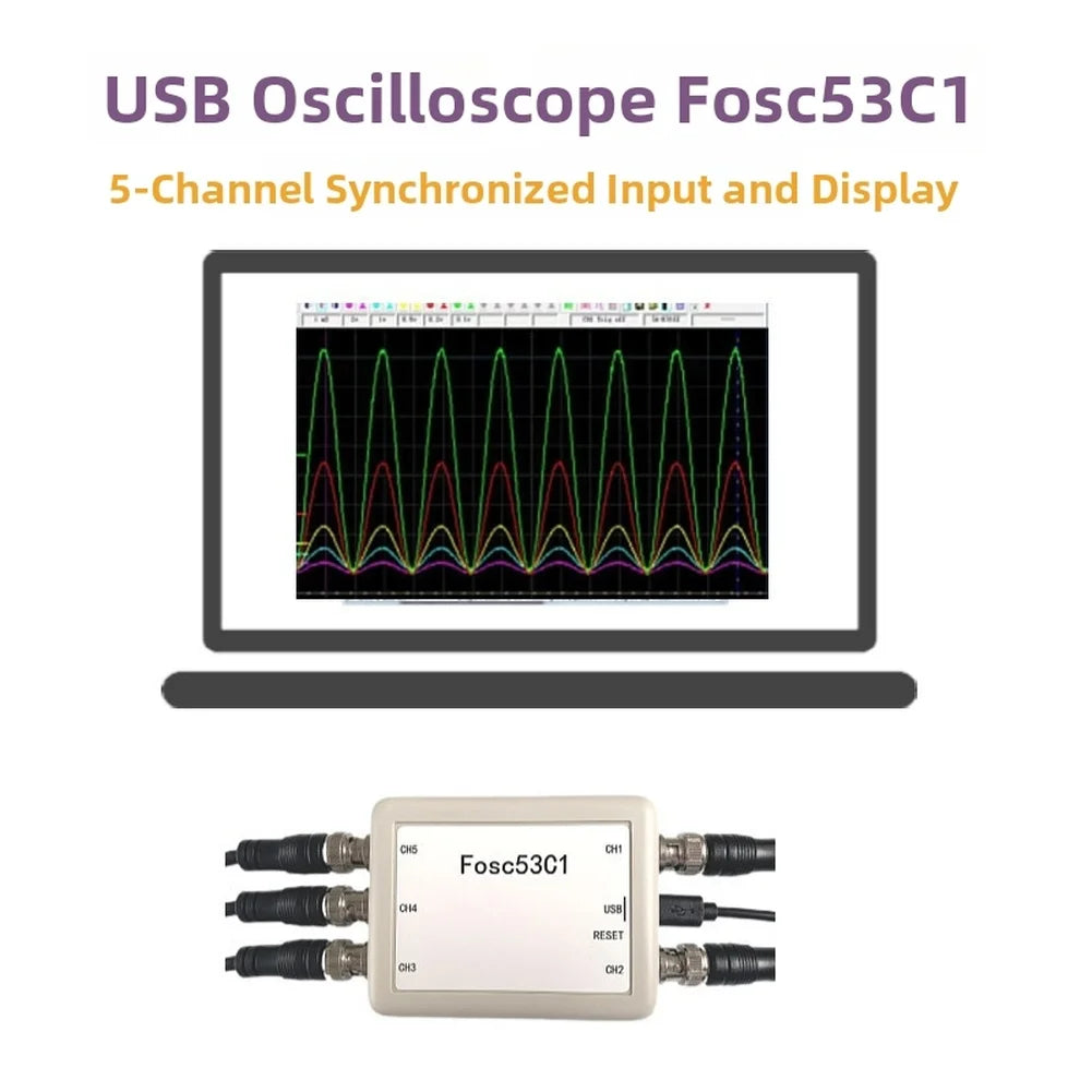 Fosc53C1 5 Channel USB Oscilloscope with 1MHz Sampling Rate 8.3 Million Sample Depth BNC Interface for Probing