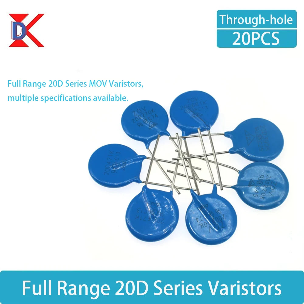 20PCS 20D Series MOV Varistors, available in multiple specifications: 101/121/151/181/201/221/271/301/331/391/431/471