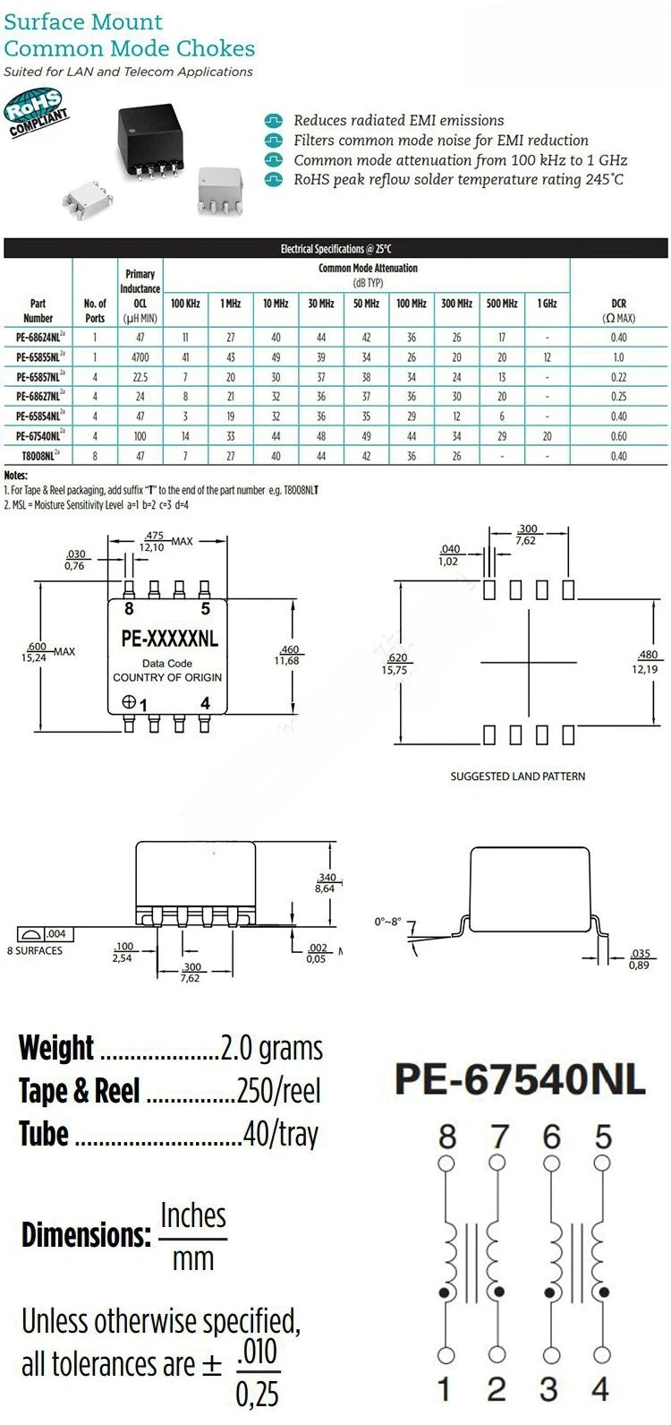 SMD Common Mode Inductor 100uH 0.5A 4 Wire Dual Winding EMI Filter Choke Coil compatible with PE-67540NLT