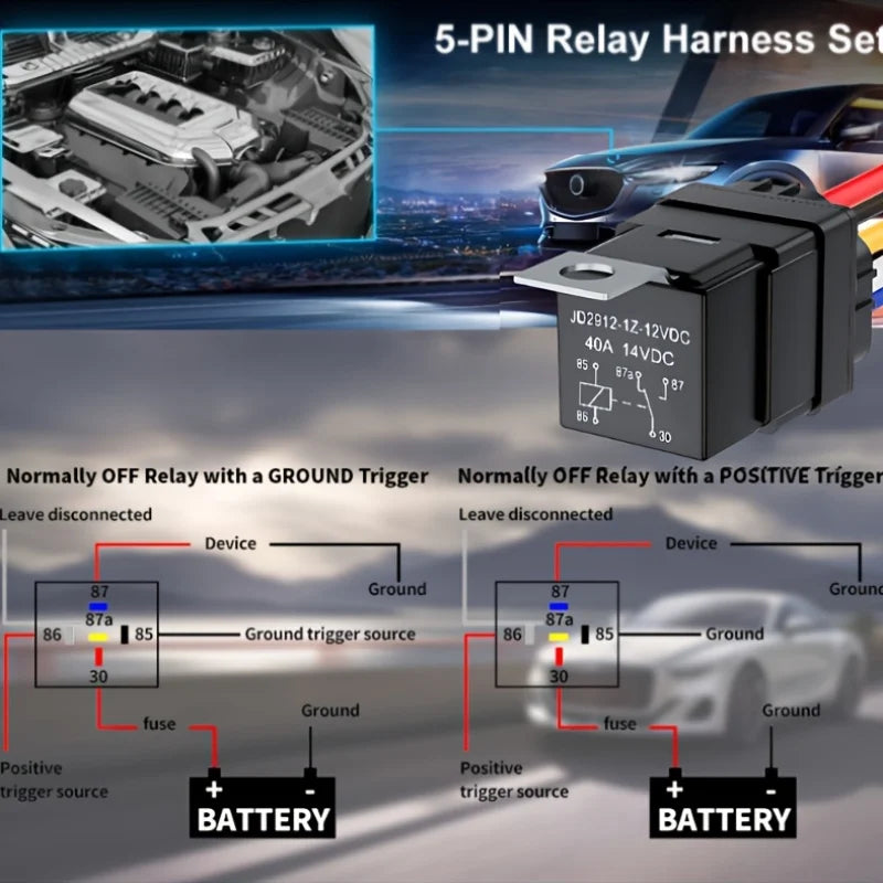 1PC 12V 40A Relay 5 Pin Waterproof Auto Relay Heavy Duty 12AWG and 16AWG Car Relay Kit with Harness Set for 12 Volt Automotive