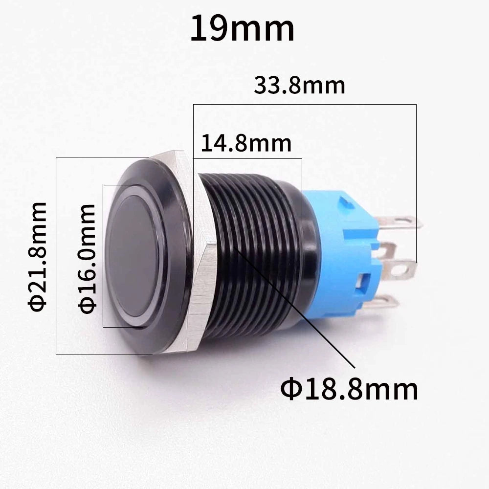 16/19/22mm Black Push Button Switch Waterproof Illuminated Metal Momentary Latching Fixed On Off Power Switch Backlit LED 3V 12V