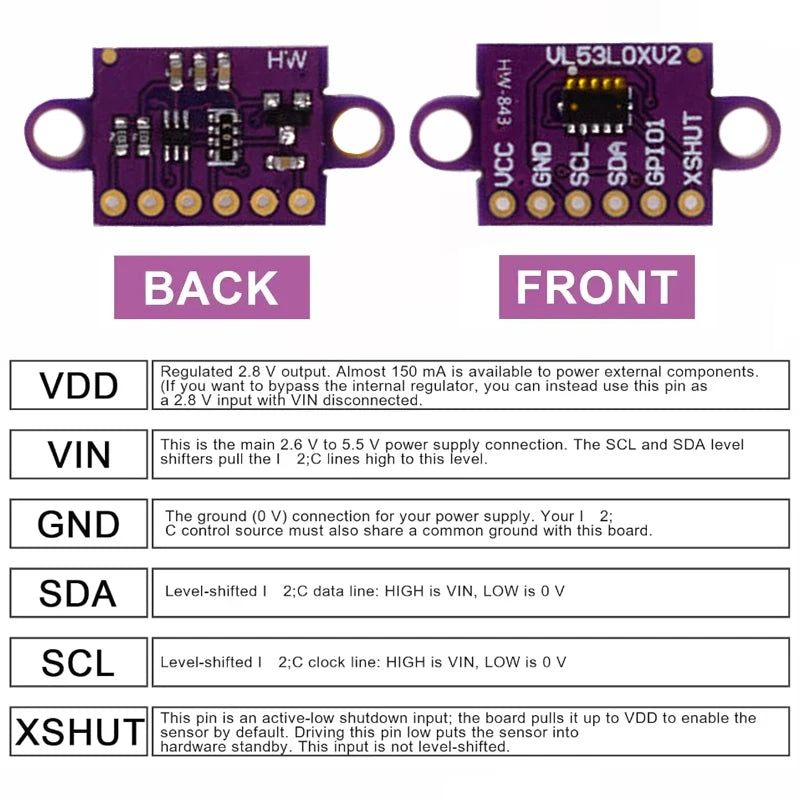 VL53L0X Time-of-Flight (ToF) Laser Ranging Sensor Breakout 940nm GY-VL53L0XV2 Laser Distance Module I2C IIC 3.3V/5V for arduino