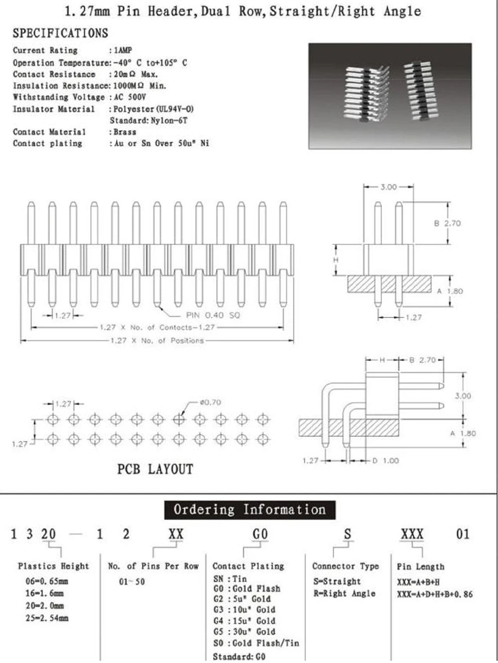 100pcs 1.27mm 2*2/3/4/5/6/8/40/50P Double Row Straight/RA 90d/Vertical SMD/Horizontal RASMT Gold-Plated Rohs PCB Male Pin Header