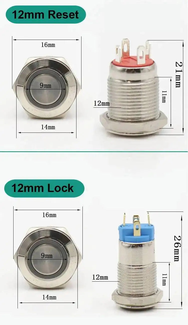 5pcs 12/16/19/22mm Metal Push Button Switch Power Waterproof IP65 Flat Circular Round LED Light Self-lock Reset 6V 12V 24V 220V