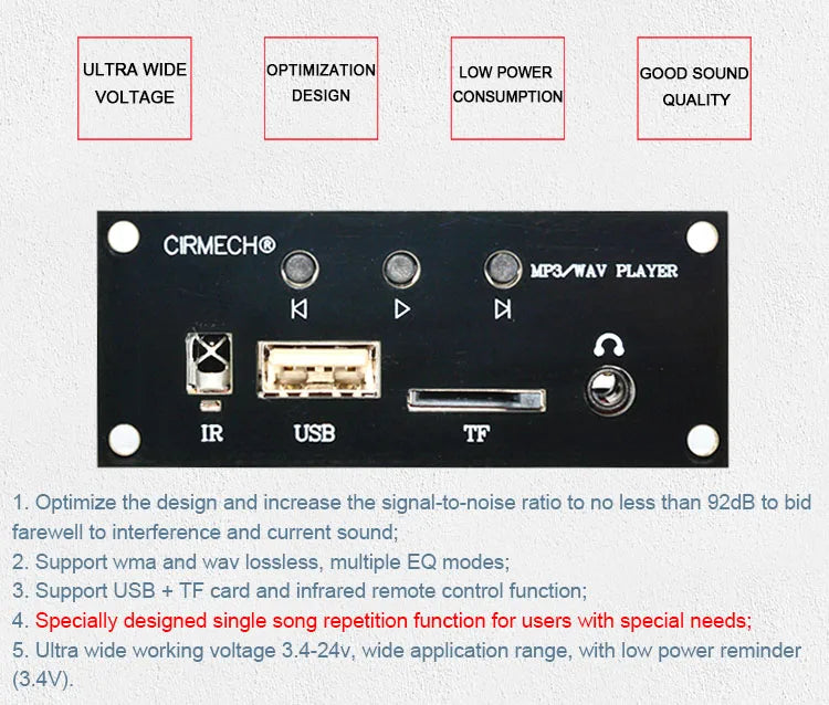 CIRMECH USB U-Disk T-Flash Micro SD Card Decoder MP3 Player Support MP3 WAV Remote Control Single Repeat Function